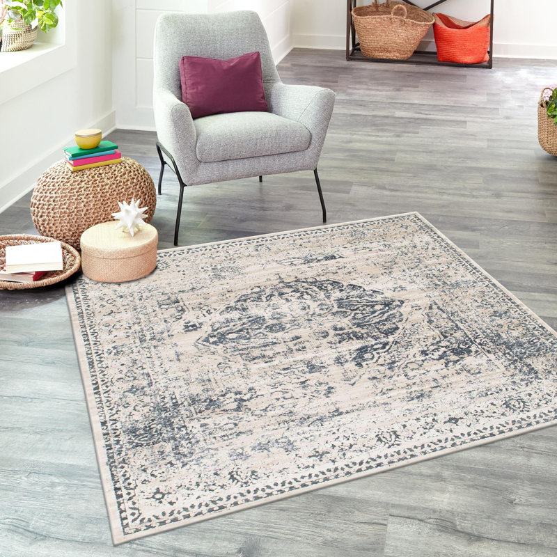 Arkeen Oriental Dark Blue/Beige/Ivory/Gray Area Rug, Square 7'10"