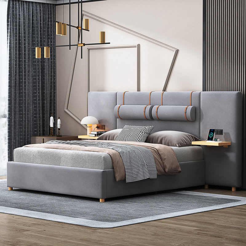 Lit plateforme tapissier à panneau avec tête de lit, Grand, Beige