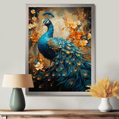 Aakarsh Teal Gold Emerald Peacock Drips - Peacock Framed Canvas Print Wall Art