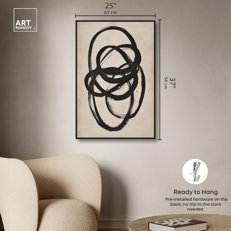 Décoration murale beige sur toile I , Cadre flottant noir, H 37 po x l 25 po