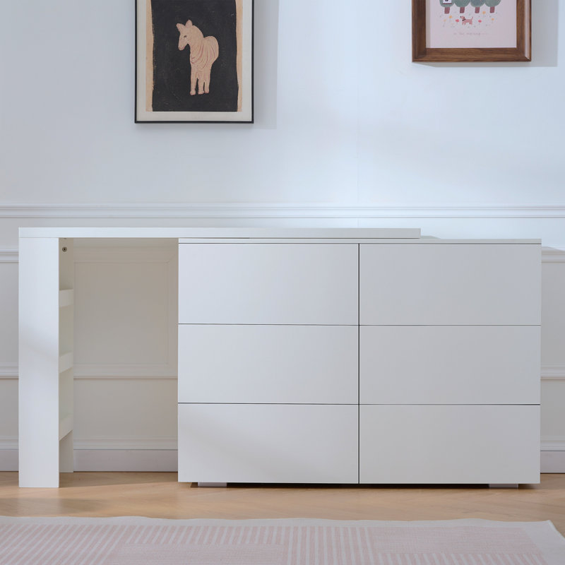 Six tiroirs, bureau amovible, trois compartiments de rangement, table multifonctionnelle blanche à six pompes