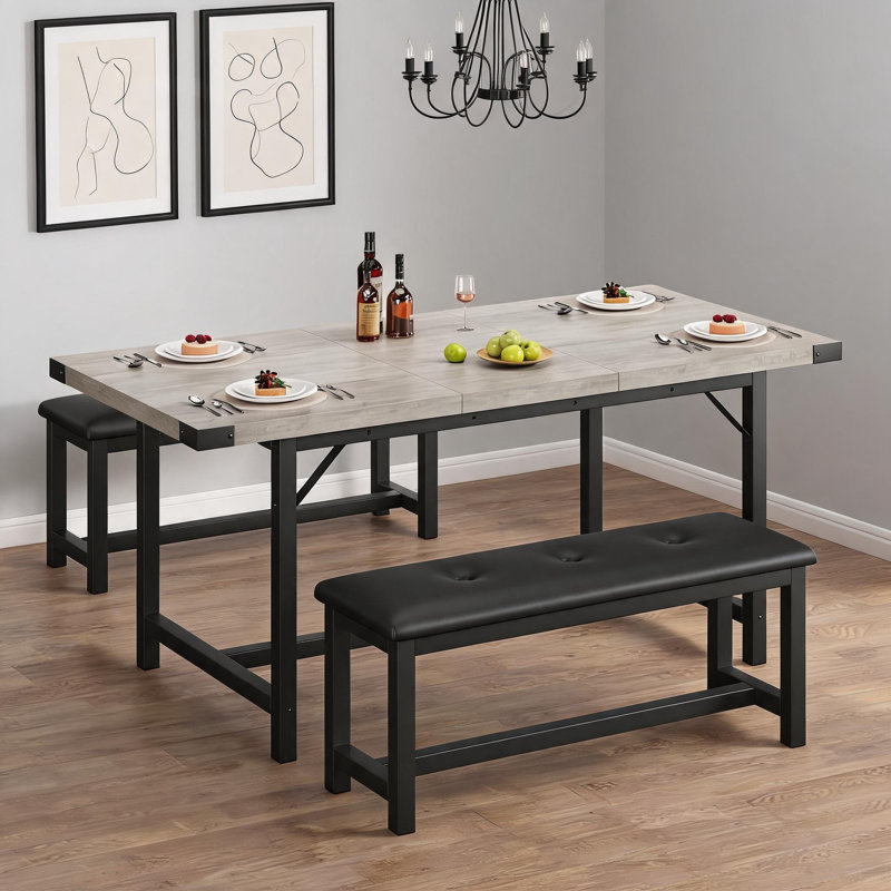 Ensemble table et chaises extensibles de 160 cm pour 4 à 6 personnes avec 2 banquettes rembourrées, table de cuisine rectangulaire gris rustique avec structure métallique robuste, gain de place pour les appartements et montage facile - Gris