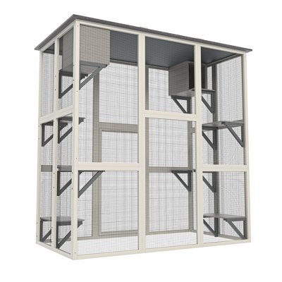 Outdoor Gray Solid Wood , Asphalt Roof, 6 Jumping Areas, 2 Napping Zones, Secure And Inviting Cat Playpen Comfortable