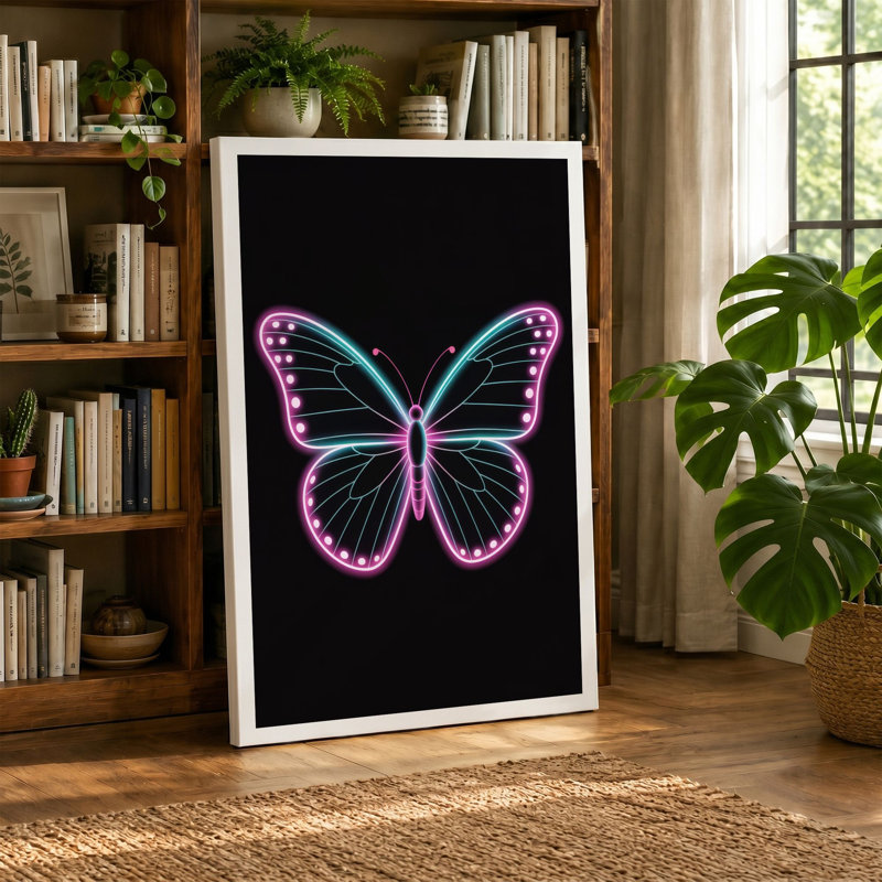 Neon Butterfly Modern - Wrapped Canvas, 18x12 - 45.7 x 30.5 cm, Black Border
