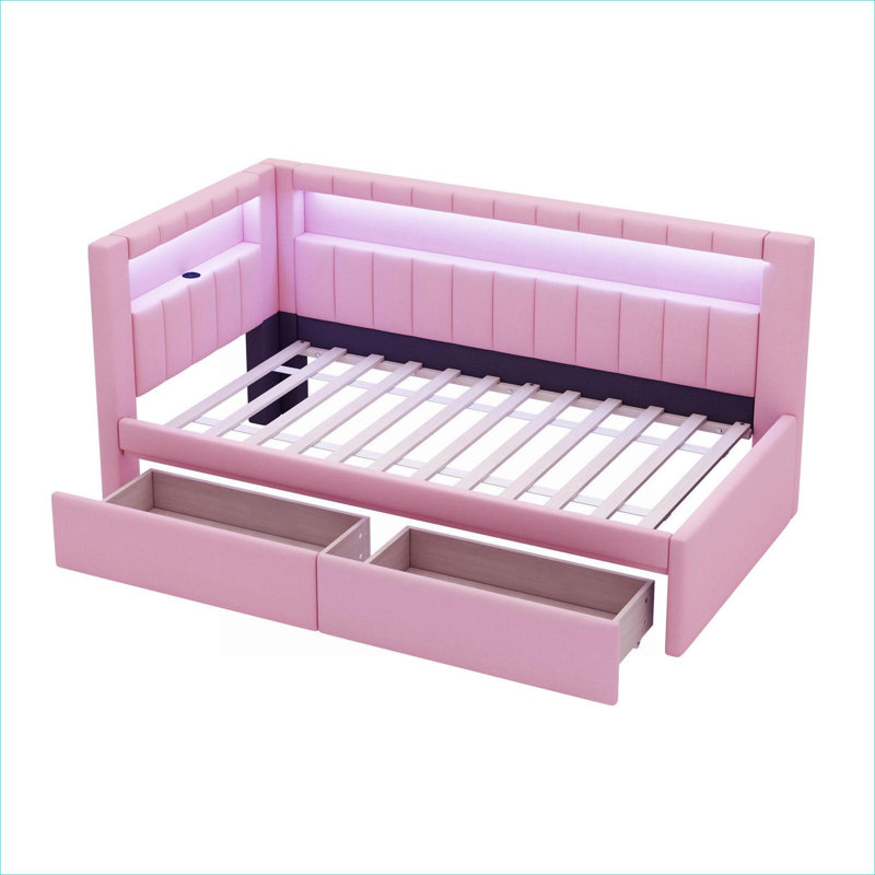Lit plateforme tapissier rose de taille simple, cadre en bois avec ports USB intégrés et éclairage à DEL réglable, comprend 2 tiroirs sous le lit