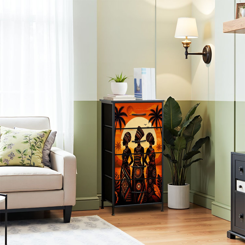Commode à 4 tiroirs pour chambre à coucher, silhouette de femme vêtue sur fond de coucher de soleil orange, palmiers. Commode étroite avec dessus en bois et structure robuste en fer. 45,7 cm (L) x 95,2 cm (H).