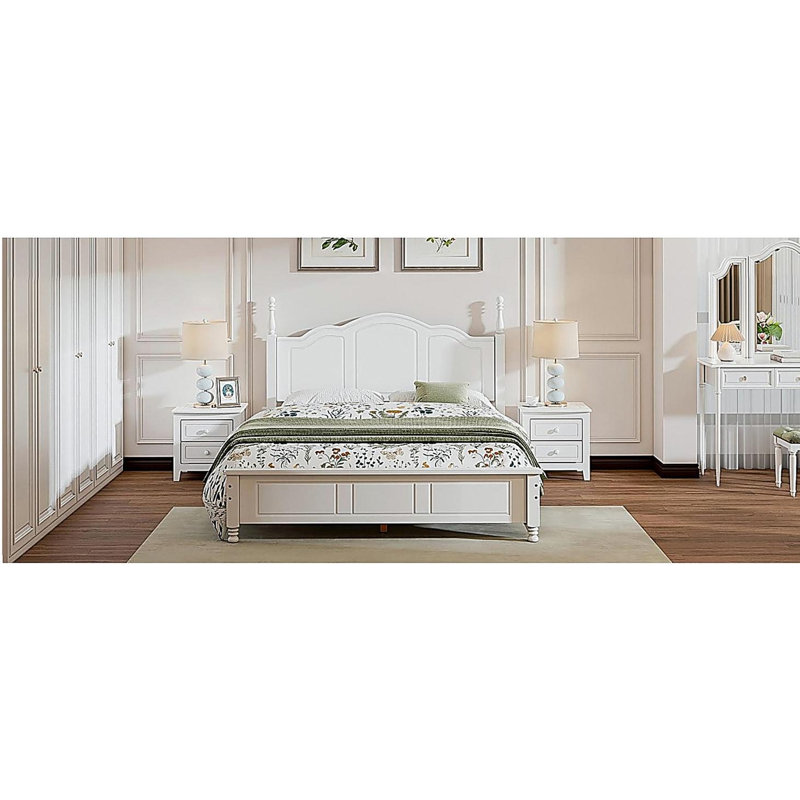 Base de lit plateforme en bois, lit plateforme de style rétro, avec support de traverse en bois, Blanc