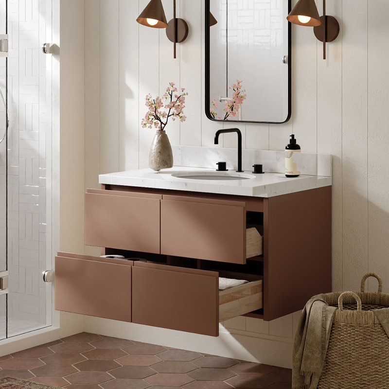   Ensemble de meuble-lavabo mural ovale simple 36 po avec comptoir à quartz blanc Carrara, Ensuko, Ovale, Moka