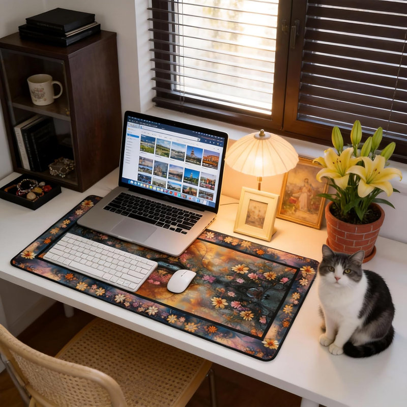 Tapis de souris Floral Aesthetic Daisy Gaming, tapis de bureau bleu doré avec base antidérapante et bords cousus