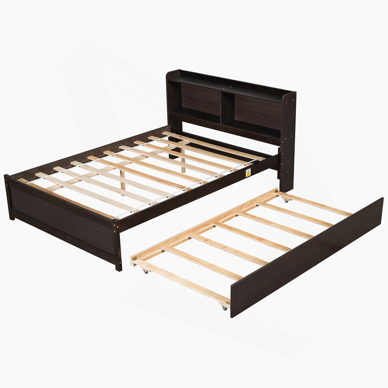 Lit avec lit gigogne et bibliothèque, lit plateforme, structure en bois, Gris, Double