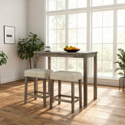 Transitional  3-Piece Rectangular Brown Wood Top Dining Room Set with Upholstered Tufted Stools