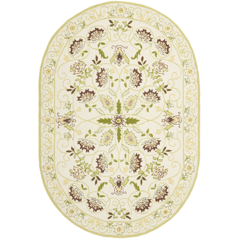 Tapis ivoire / vert en laine crocheté à la main Horsten, Ovale 7 pi 6 po x 9 pi 6 po
