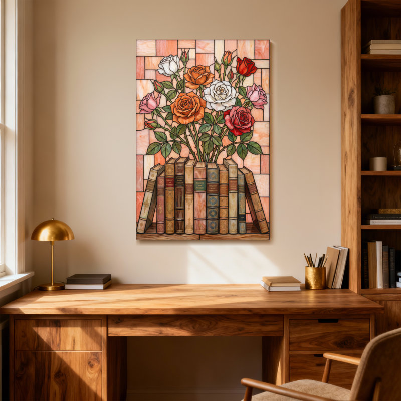 Plantes et fleurs, vitrail, roses, livres, art, H 24 po x l 16 po