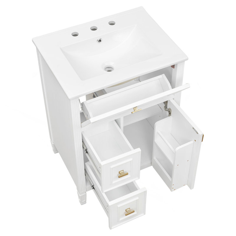 Meuble-lavabo 24 po avec lavabo, meuble-lavabo avec un tiroir rabattable et deux tiroirs, tablette réglable, bois et panneau de fibres à densité moyenne, blanc