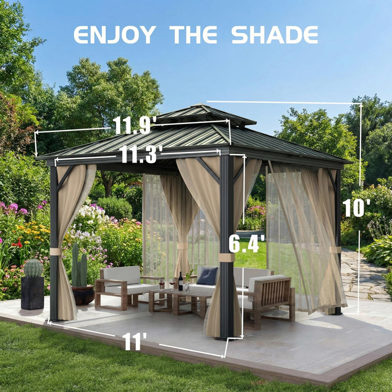 Gazebo Hardtop, with Nettings and Curtains, Khaki, 76.8 H" x 135.6" W x 135.6" D