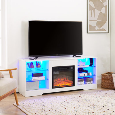Electric Fireplace Tv Console With Touch Screen & Led Lights - 58''W X 15.5''D 24.4''H White Modern Table Fireplace, 62" Compatible, White,