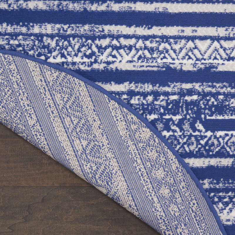 Tapis rayé bleu marine en polypropylène tissé à la machine, Rond 5 pi