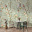 Papier peint botanique avec papillons et oiseaux vert sauge