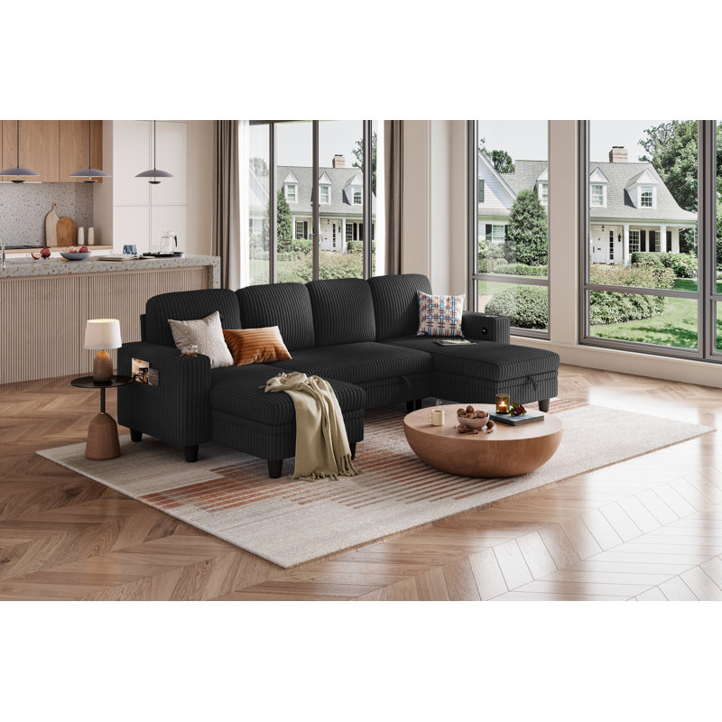 Sherry 106“  Upholstered Modular U-Shape Modular Sectional with Storage, Charging & Cup Holders, Effie Black Corduroy