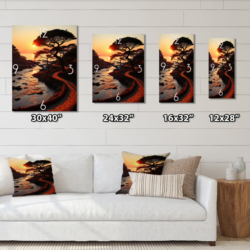 Silence de l'arbre unique au magnifique coucher de soleil II - Paysage avec des horloges murales, Médium