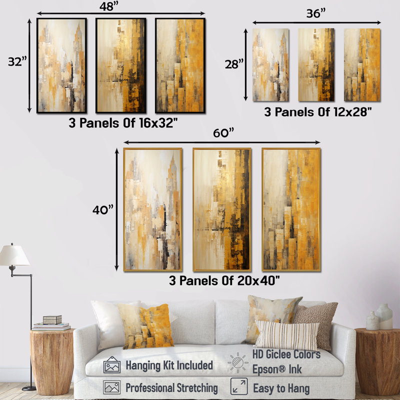 Ensemble de 3 décorations murales modernes gratte-ciel Skycraper, Cadre flottant blanc, H 28 po x l 36 po
