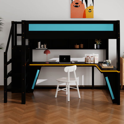 Gaming Loft Bed with Desk and Wardrobe, Wood Gaming Loft Bed with LED and Built-in USB