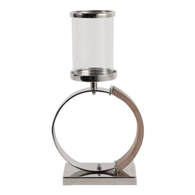 Bougeoir ouragan moderne en verre avec anneau semi-bois - Bougeoir décoratif de table moderne pour chambre - brun
