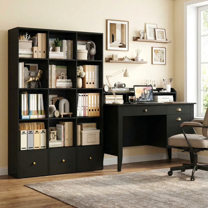 Ensemble complet de bureau à domicile - Bureau d'ordinateur en chêne noir avec 4 tiroirs + bibliothèque noire à 5 niveaux avec poignées dorées et rangement dissimulé