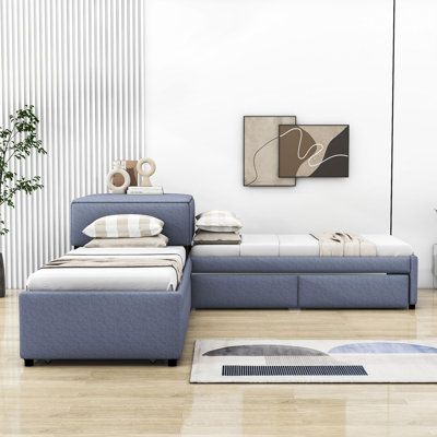 Twin Size Upholstered Platform Bed with Trundle and Storage