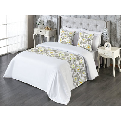 Ambesonne Floral Bed Runner Set Flowers with Spring Leaves  Slate Brown and Pale Green