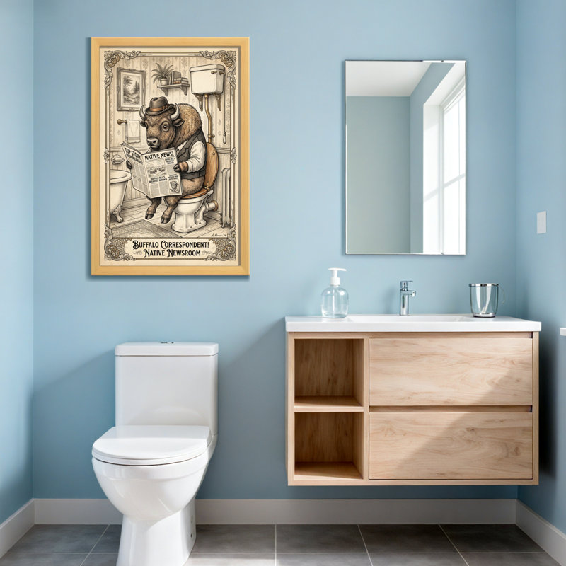 Bath & Laundry Buffalo lisant un journal dans la salle de bain, H 36 po x l 24 po, Toile tendue, Ne s’applique pas