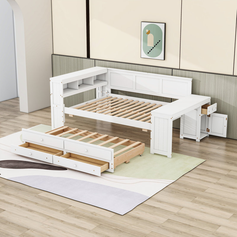 Full Size Wood Daybed with LED Strip, Trundle, Built-In Charging Station and Convertible Desk, White