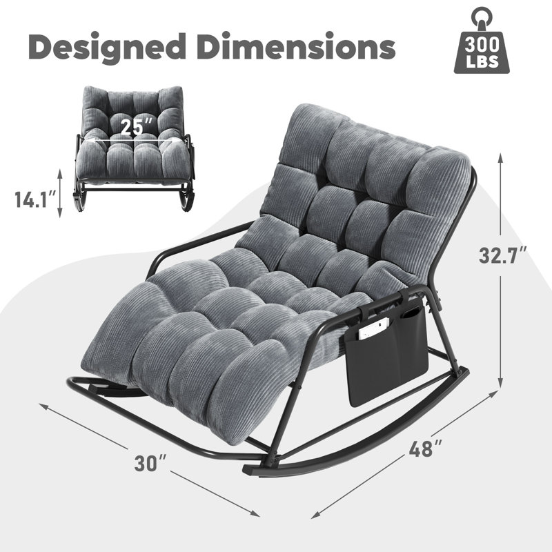 Fauteuil à bascule Papasan surdimensionné avec coussin épais en velours côtelé sur toute la longueur, repose-pieds et poche de rangement, fauteuil d'appoint extérieur pour chambre, salon ou balcon, beige