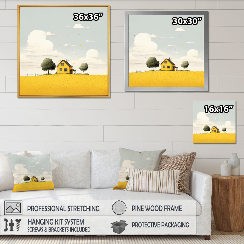 Maison jaune dans la prairie, aquarelle minimale, Cadre flottant noir, H 36 po x l 36 po x P 1,5 po