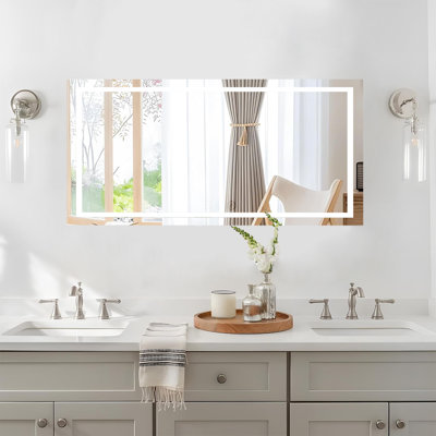 Wall Mounted Rectangular Anti Fog LED Light Bathroom Mirror with Front and Backlight,Dimmable Vanity Mirror
