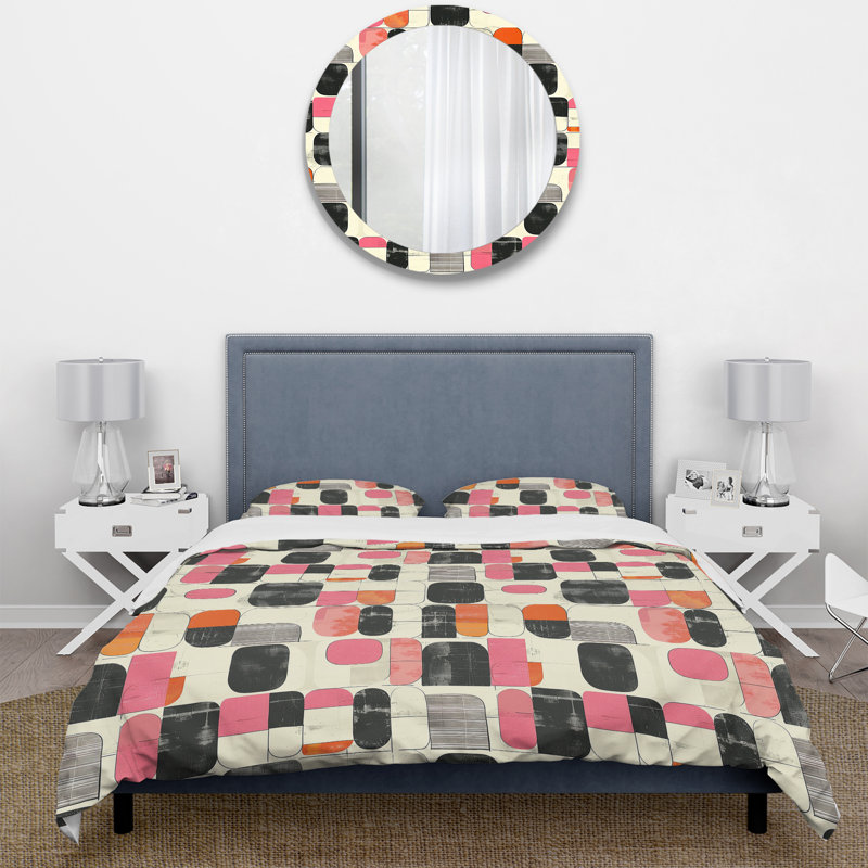 Ensemble de housse de couette rose et noir Midcentury Shapes, Housse de couette pour grand lit et 2 taies décor