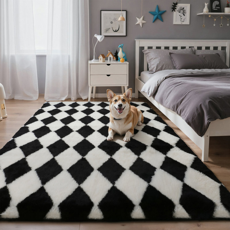 Tapis à poils longs antidérapant moderne lavable à la machine, Ivory,Black, Rectangle 6' x 9'