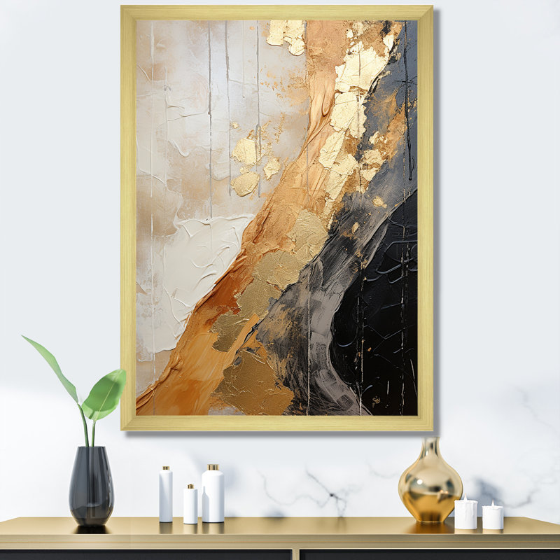 Minimalisme or chromé et poteries noires sur toile, H 20 po x l 12 po x P 1 po, Cadre doré simple