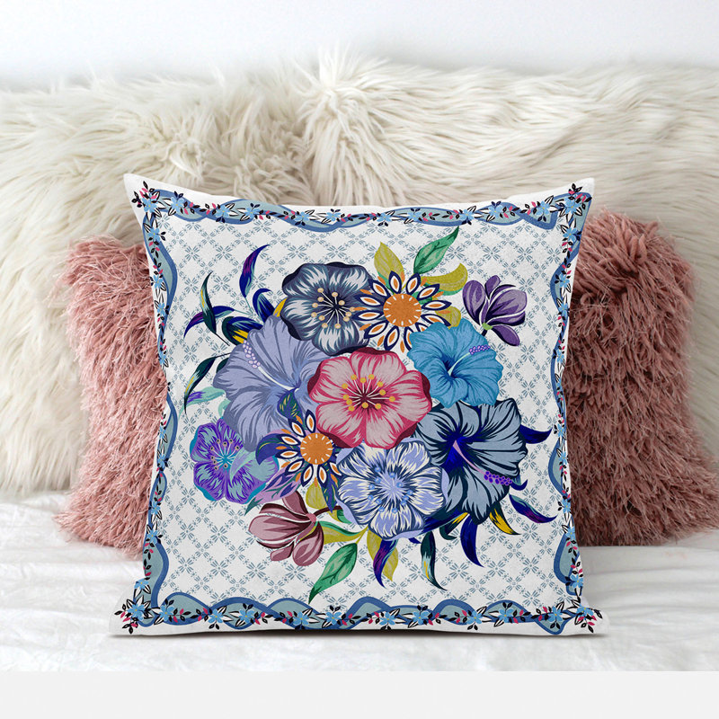 Coussin 20 x 20, Motif floral bleu/blanc