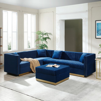 Contemporary Vertical Channel Tufted Velvet Sectional Sofa Modern Upholstered Corner Couch for Living Room Apartment with Ottoman and 4 pillows