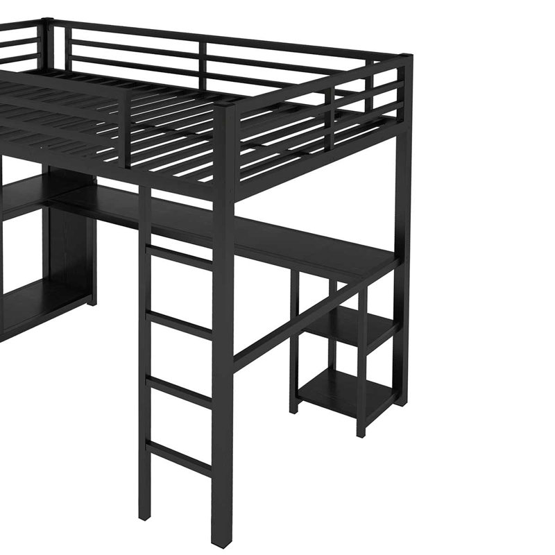 Loft Bed Frame With Built-In Wardrobe, Metal Loft Bed With Desk, Full