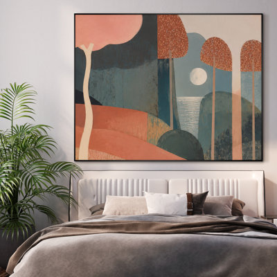 Très grande reproduction d'art sur toile - Paysage de forêt abstrait moderne avec des arbres stylisés, un élément circulaire de lune de soleil et une composition géométrique de tons doux pour le salon ou la chambre à coucher - «Assemblage requis du cadre (cadre non fini)»