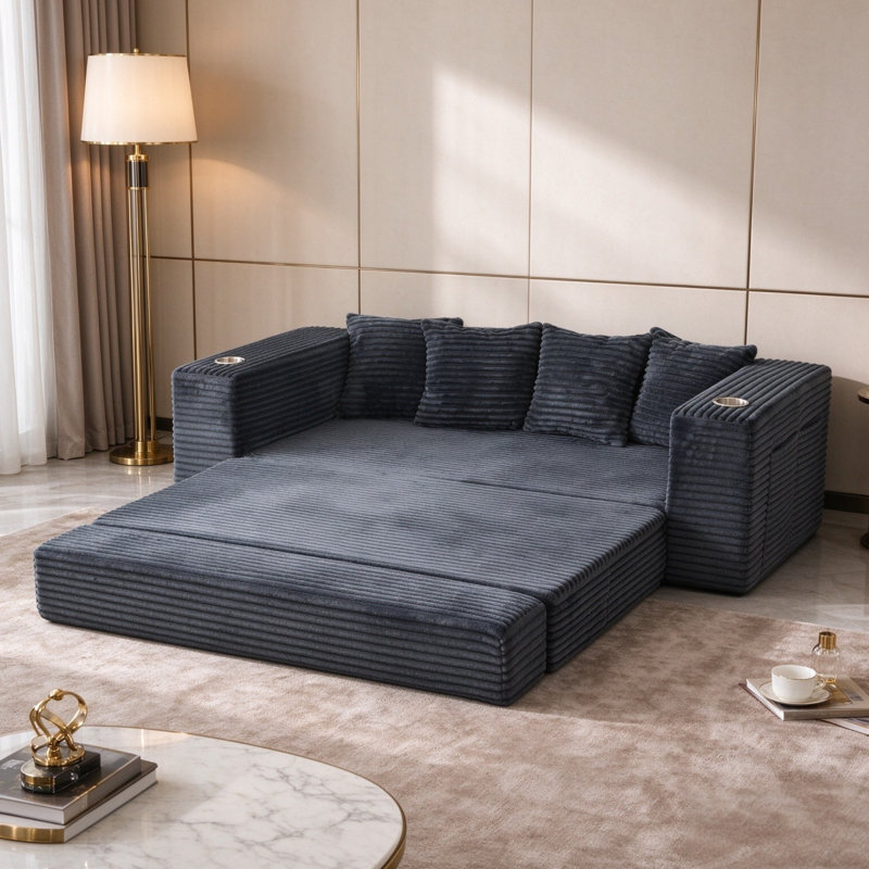 Canapé-lit de sol compressible de 195 cm (77 po) de largeur, canapé Teddy sans cadre en velours côtelé avec porte-gobelets et rangement latéral