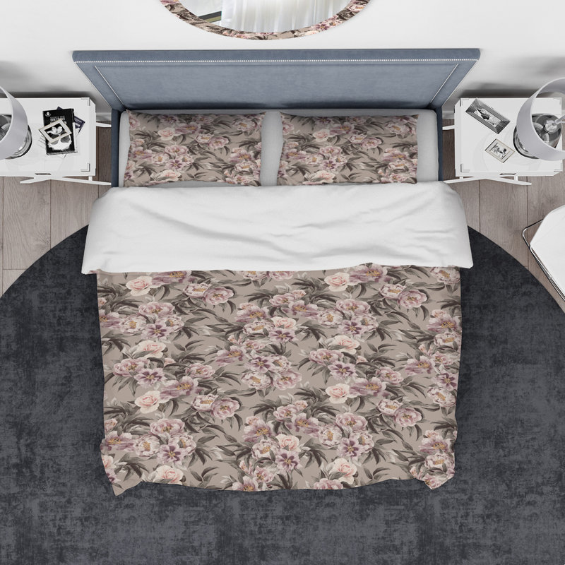 Ensemble de housse de couette designart pivoines, Housse de couette très grand + 2 taies décoratives