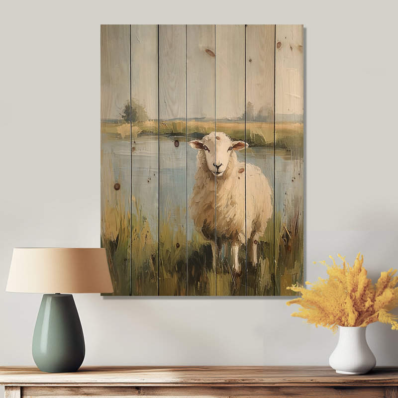 Mouton au bord de l'étang avec brise douce - Décoration murale en bois de mouton - sur bois de pin naturel