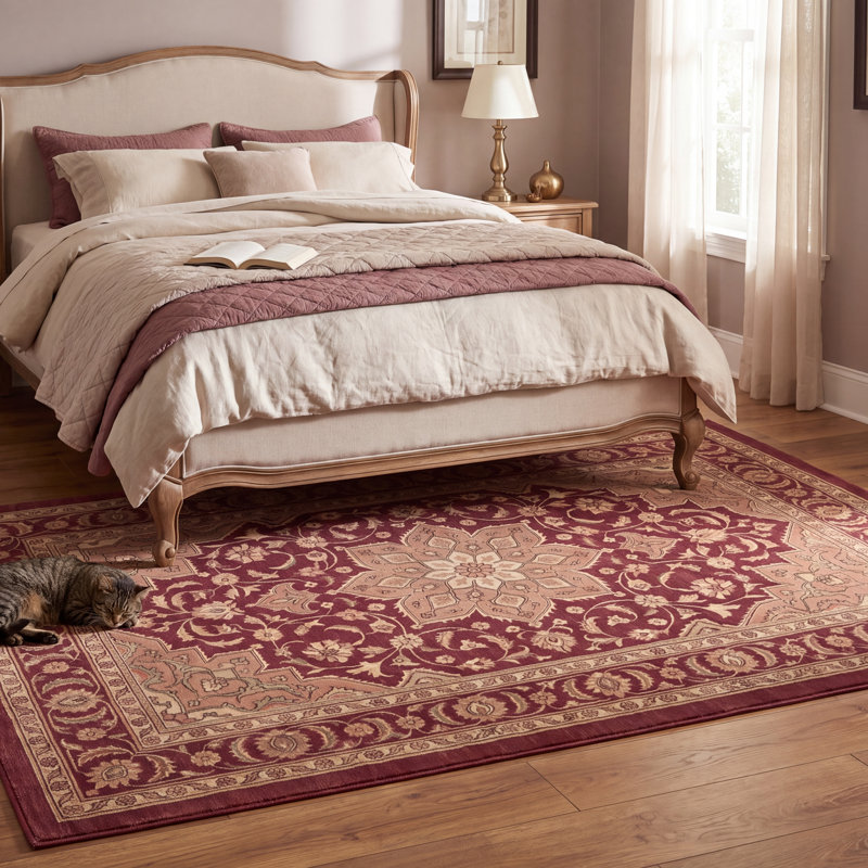 Tapis Halloway traditionnel à médaillon, style persan, bordeaux, cuivre, vert, crème, rose, lavable à la machine, antidérapant, à poils courts, pour l'intérieur et l'extérieur, adapté aux animaux domestiques, idéal pour le salon, la chambre, la salle à manger, l'entrée, le couloir ou le bureau.