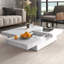 Table basse carrée en placage de marbre blanc, 39,4 po, plateau coulissant et rangement intelligent blanc, grand rangement, 39,4 po