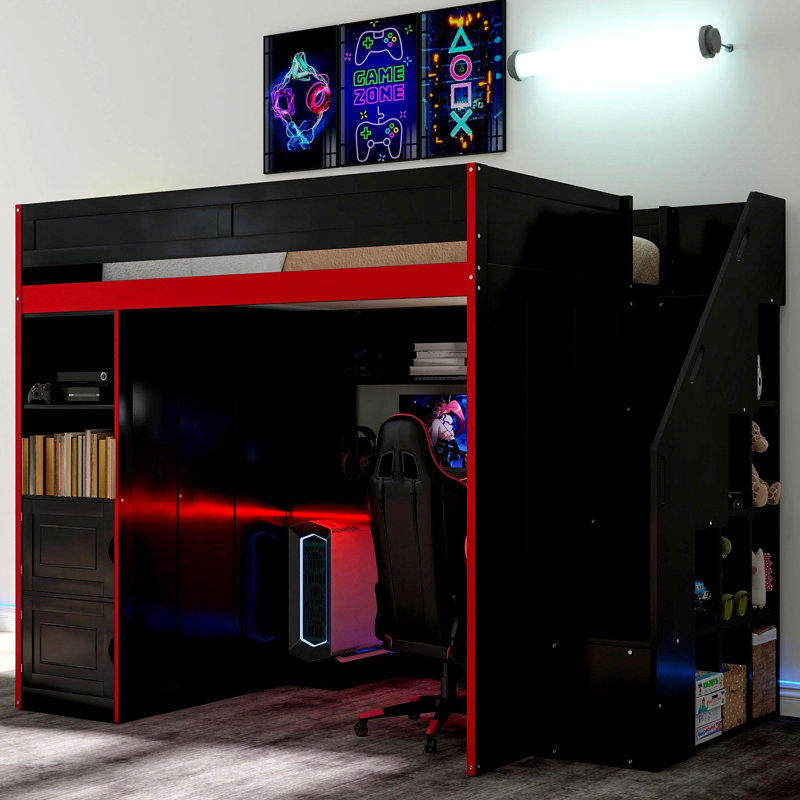 Lit mezzanine avec bureau et rangement, lumières DEL, double Gaming, Lit double