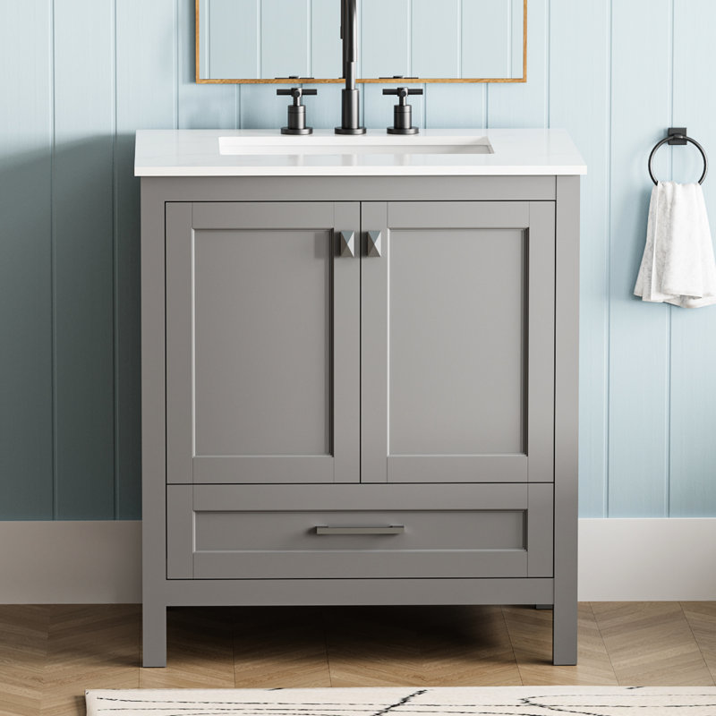 Meuble-lavabo gris de 30 po avec lavabo. Armoire en bois massif entièrement assemblée. Comptoir en marbre. Tiroirs à fermeture en douceur. Profondeur 29,36 po, largeur 18,76 po, hauteur 34,72 po. Poids 93,36 lb. Rangement moderne. Bricolage