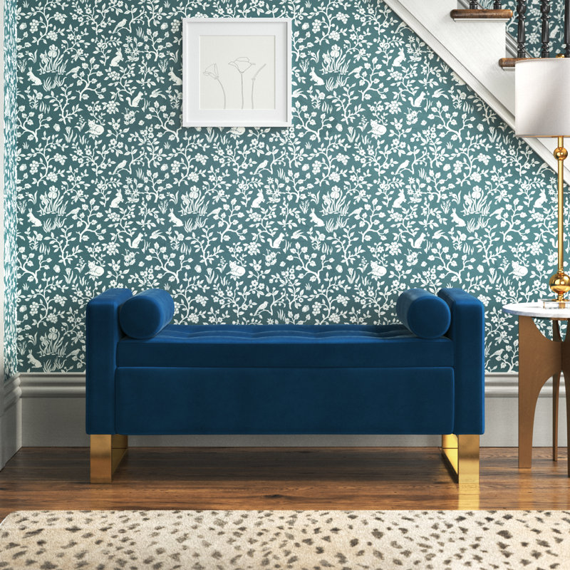 Vallejo 50.4'' W Modern Upholstered Flip Top Storage Bench with Two Pillows and Tufted, Navy